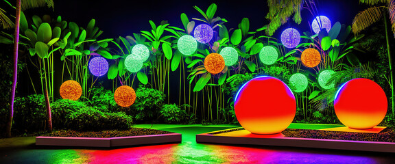 AI generated illustration with multicolored neon lamps and exotic vegetation