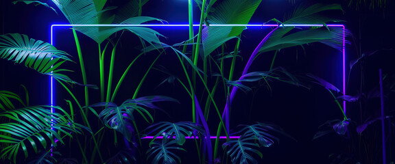 AI generated illustration with neon purple frame and tropical vegetation