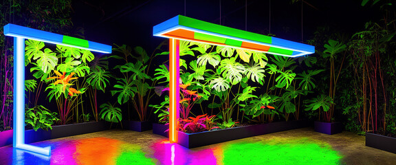 Generative AI picture with colorful neon lights and tropical plants