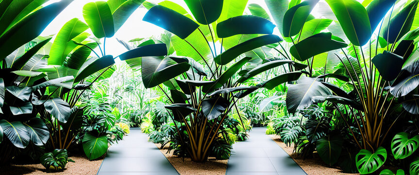 AI generated image of glasshouse with assorted lush tropical plants