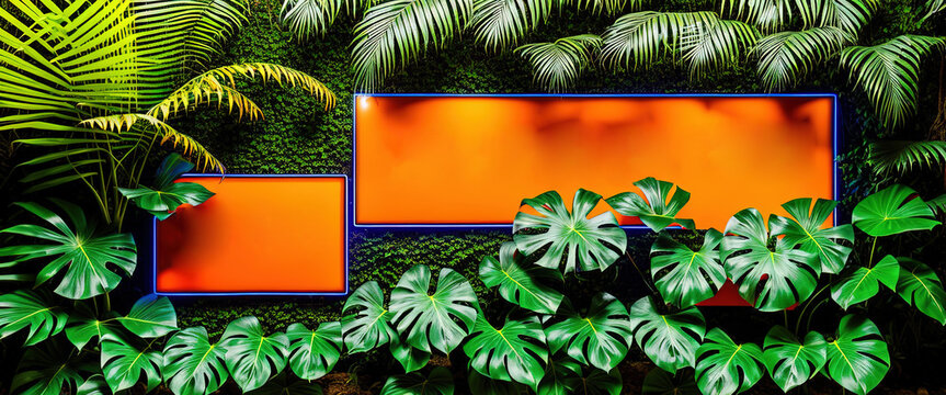 Generative AI illustration with lush tropical plants surrounding neon frames