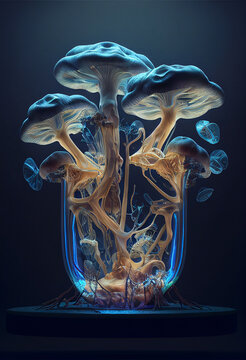 Generative AI illustration of mushrooms in glass