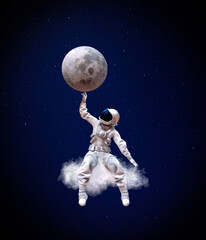 Astronaut sitting on the cloud and holds the moon with his finger - 555923726