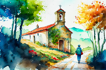 Way of St James , Camino de Santiago, Spain, watercolor landscape