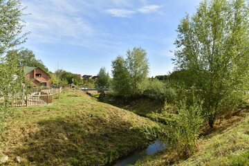 Fototapeta na wymiar Petit ruisseau dans un fossé au parc du Paradis à Braine l'Alleud en Brabant Wallon 