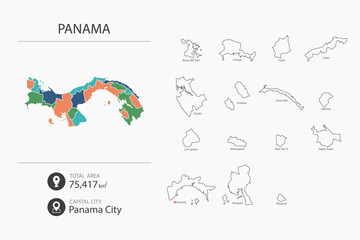 Map of Panama with detailed country map. Map elements of cities, total areas and capital.