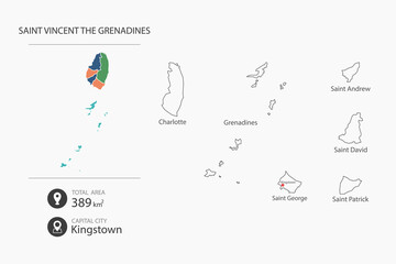 Map of Saint Vincent the Grenadines with detailed country map. Map elements of cities, total areas and capital.