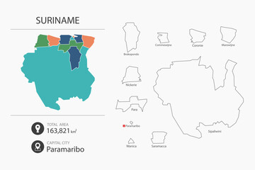 Map of Suriname with detailed country map. Map elements of cities, total areas and capital.
