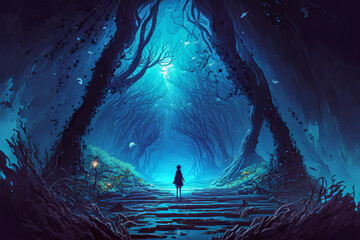 Fototapeta na wymiar Fantasy old forest. Concept art of magical ancient worlds. Big trees, surreal atmosphere. Mystery landscape. Cartoon artwork with beautiful fantastic plants. Magical world. Video game digital painting