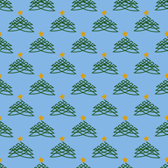 Seamless geometric pattern with green Christmas tree and golden star on blue background. New Year patter. Vector print for fabric background