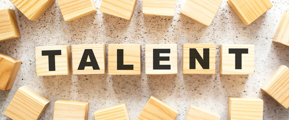The word TALENT consists of wooden cubes with letters, top view on a light background.