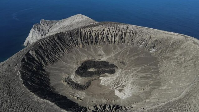 Aerial view of the volcano crater on Isla san Benedicto, a volcanic island in the Pacific Ocean, Colima, Mexico.