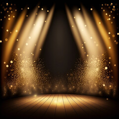 Golden confetti rain on the festival stages with a light beam in the middle, jubilee, new year parties, Generative AI	