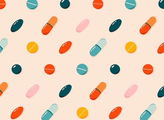 Colorful pills, drugs, vitamins seamless pattern. Healthcare, coronavirus and medicine concept. Hand-drawn modern vector illustration for web banner, card design. 
