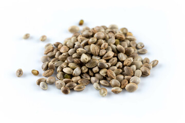 Cannabis hemp seeds pile close up macro shot isolated