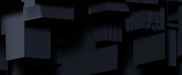 Futuristic blocks in dark background. Abstract box buildings with 3d render ribbed and smooth walls. Creative geometric constructions for digital presentation