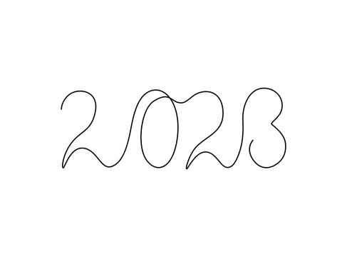2023 inscription, two thousand and twenty three continuous line drawing, calendar design postcard banner, calligraphy 2023 year sign lettering, single line on white background, vector line art.