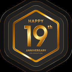 19th Anniversary. Golden Anniversary Logo Design With Hexagon Style For Celebration Event. Logo Vector Illustration	