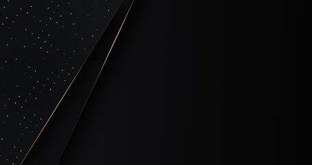 Black luxury background with golden diagonal stripes. Dark elegant dynamic abstract BG. Trendy geometric grey gradient. Shimmers bokeh dots background. Premium borders frame. Christmas greeting card