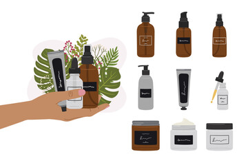 Female hand holds organic cosmetic products in bottles, jars for skincare with abstract shape and greenery. Extra cosmetics product cleanser, tonner, serum, cream. Hand draw vector illustration