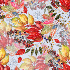 Watercolor seamless pattern with autumn leaves and red wild berry.