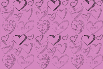Cute hand drawn hearts seamless pattern, lovely romantic pink background,  great for Valentine's Day. Designed for tile, background, wallpaper, clothing, wrapping, fabric, embroidery style.