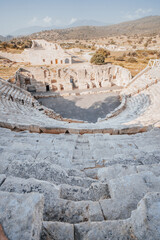 Patara (Pttra). Ruins of the ancient Lycian city Patara. Amphi-theatre and the assembly hall of Lycia public. Patara was at the Lycia (Lycian) League's capital. 
Patara ancient city. Antalya, TURKEY