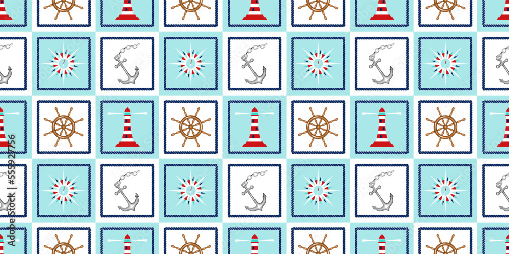 Wall mural summer, marine, nautical concepts seamless pattern design with rope, rudder, lighthouse, anchor and 