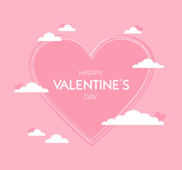 Happy Valentine's Day greeting card. Heart and clouds on a pink background. Flat vector illustration