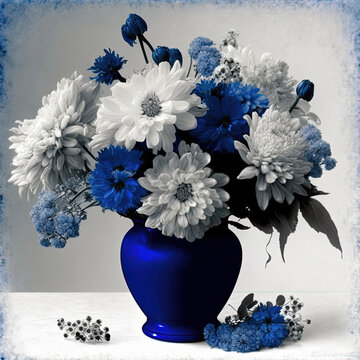 bouquet of blue flowers in a vase. Generative AI picture