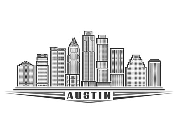 Vector illustration of Austin, monochrome horizontal sign with linear design famous austin city scape, american urban line art concept with decorative letters for black text austin on white background