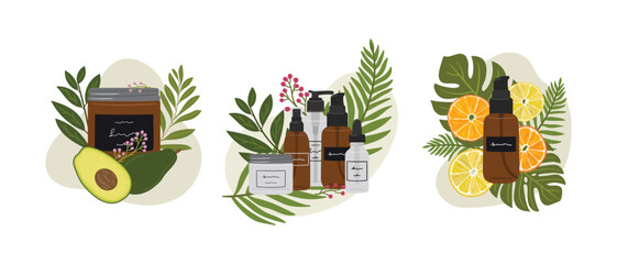 Set of compositions with organic cosmetic products in bottles, jars for skin care with abstract shape and greenery. Cleanser, tonner, serum, cream product. Hand draw vector illustration
