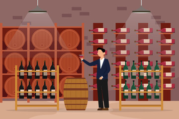 Man drinking wine at wine cellar 2d vector illustration concept for banner, website, illustration, landing page, flyer, etc.