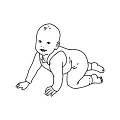 Crawling newborn baby line art. Cheerful little kid smiling, hand drawn vector graphic design, outline on a white background.