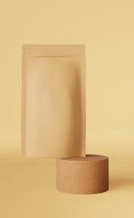 Balancing brown paper pouch bag coffee beans 3D rendering podium beige design. Merchandise packaging logo promo. Blank matte kraft product doy pack levitating template Shop sale discount demonstration