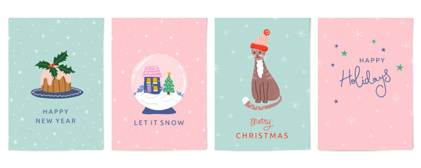 Christmas and New Year congratulations. Winter holidays greeting cards. Set of vector hand drawn illustrations.