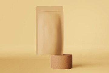 Balancing brown paper pouch bag coffee beans 3D rendering podium beige design. Merchandise packaging logo promo. Blank matte kraft product doy pack levitating template Shop sale discount demonstration