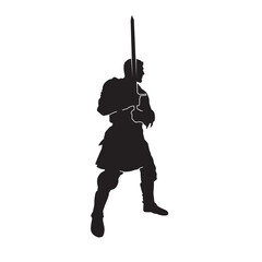 Medieval knight wearing armor and holds long sword. Black vector silhouette.