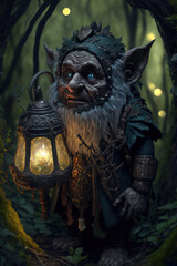 goblin, gnome with a lantern in the forest, dark forest, dark fantasy, art illustration