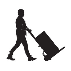 Illustration of a male porter carrying goods using a trolley. Isolated black silhouette. 