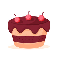 Chocolate cake with cherries cartoon vector illustration on white background.