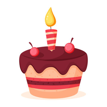 Chocolate cake with cherries and burning candle cartoon vector illustration on white background.