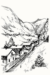 Mountain landscape with snow. Winter Alps panorama view, town, rocks and trees. Hand drawn vector sketch, black and white line art.