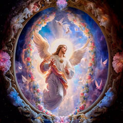 Jesus ascending into heaven at the beautiful gate of songs, birds and flower, flying to be with God.