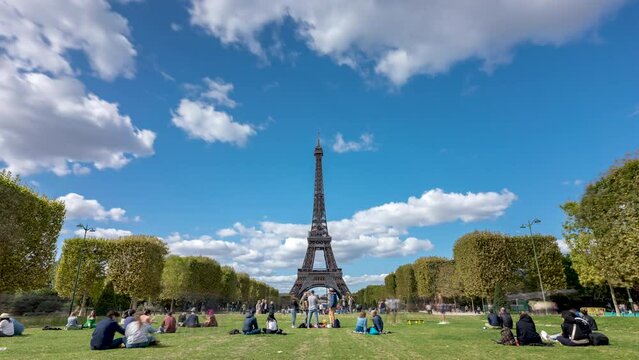 Eiffel Tower on Champs de Mars in Paris timelapse