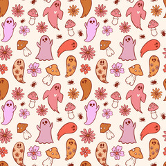 Groovy halloween pattern with pumpkins in retro 70s style. Psychedelic pink illustration of hippie design elements. Vector