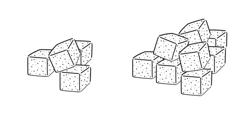 Cartoon, hand draw sugar cubes. Vector sugar cube icon or symbol. Line pattern. Pile of sugar cubes. World diabetes day. Pure, white crystal block.