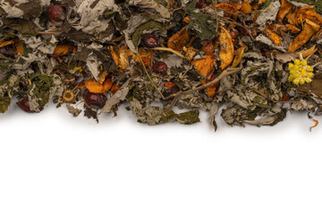 Dry tea leaves and dry fruit isolated on white background.