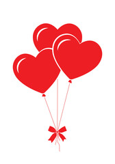 Fototapeta na wymiar valentine balloons, bunch of three red heart shape ballons with bow, flat vector illustration