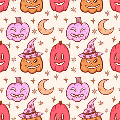 Groovy halloween pattern with pumpkins in retro 70s style. Psychedelic pink illustration of hippie design elements. Vector